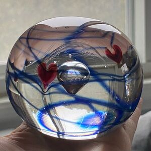 Art Glass Paperweight Signed Vintage Round Red Hearts Blue Swirls 3.25” EUC Love
